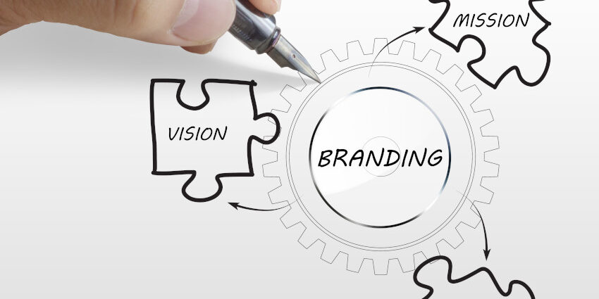Hand drawing with an ink pen; drawing has a circle in the center with the word "branding" inside of it and 3 puzzle shaped pieces with the words: Mission, Vision, Values