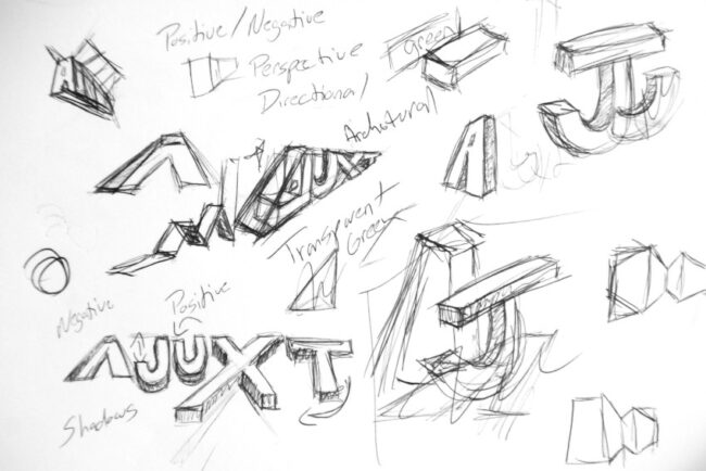 sketches of aJuxt logo design creation process