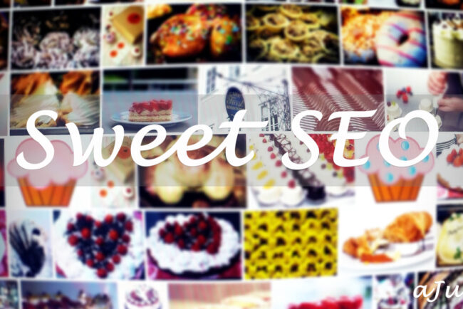 Bakery Website Concept; Grid of various images of desserts with white text in cursive: "Sweet SEO"