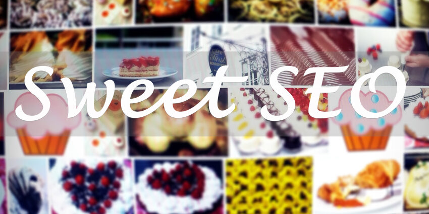 Bakery Website Concept; Grid of various images of desserts with white text in cursive: "Sweet SEO"