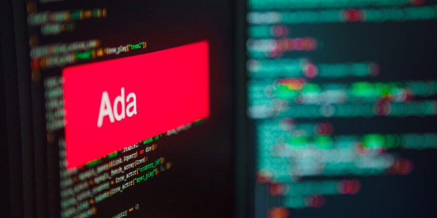 Red rectangle with white text: "Ada" in foreground; computer code in background
