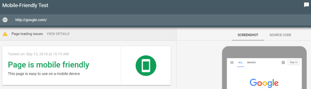 Screenshot of Google's mobile-friendly test where a site is evaluated as mobile-friendly
