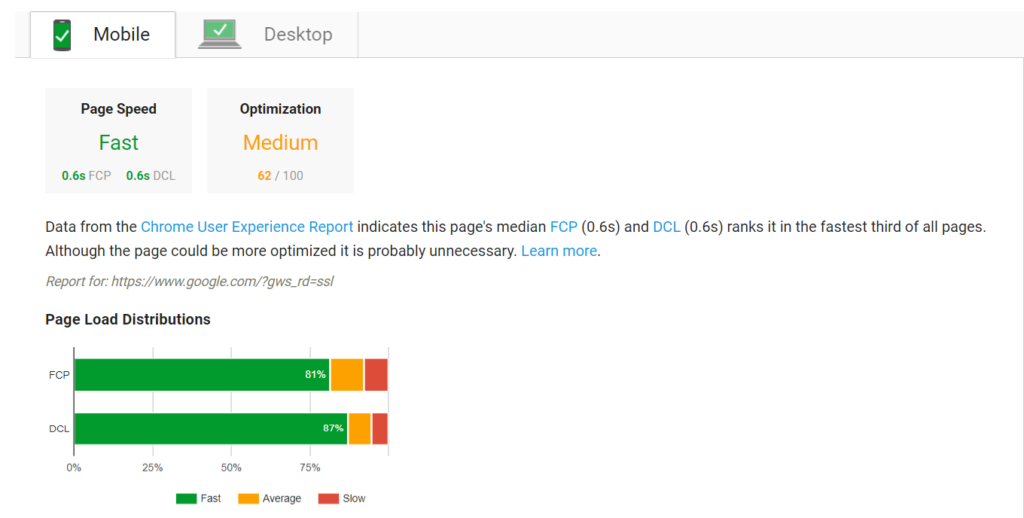 Screenshot of results from Google's pagespeed insights which includes page speed and optimization level for both mobile devices and desktops