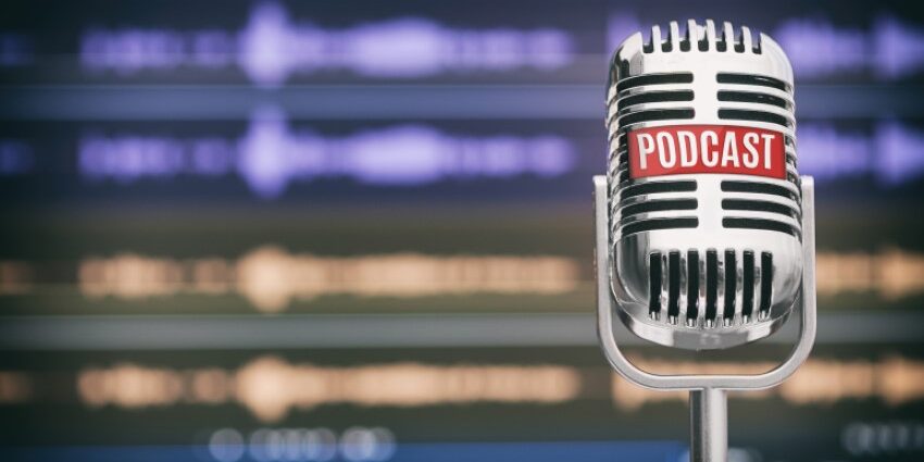 Microphone with podcast label; podcast advertising concept