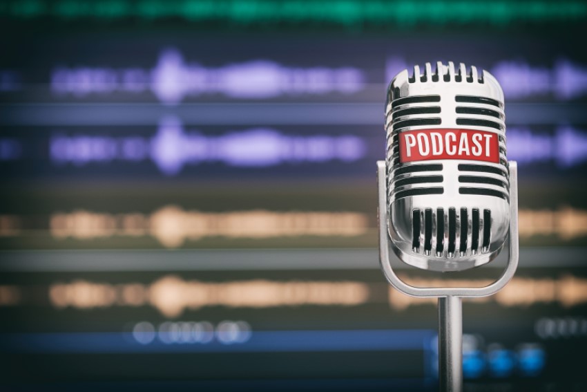 Microphone with podcast label; podcast advertising concept