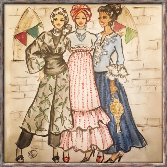 three women of different cultures wearing traditional clothing