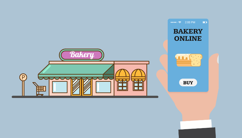 Cartoon drawing of a person's hand holding a smart phone with a bakery business on the screen; in the background is the bakery physical location; ranking factors can help your ad drive business to your physical location