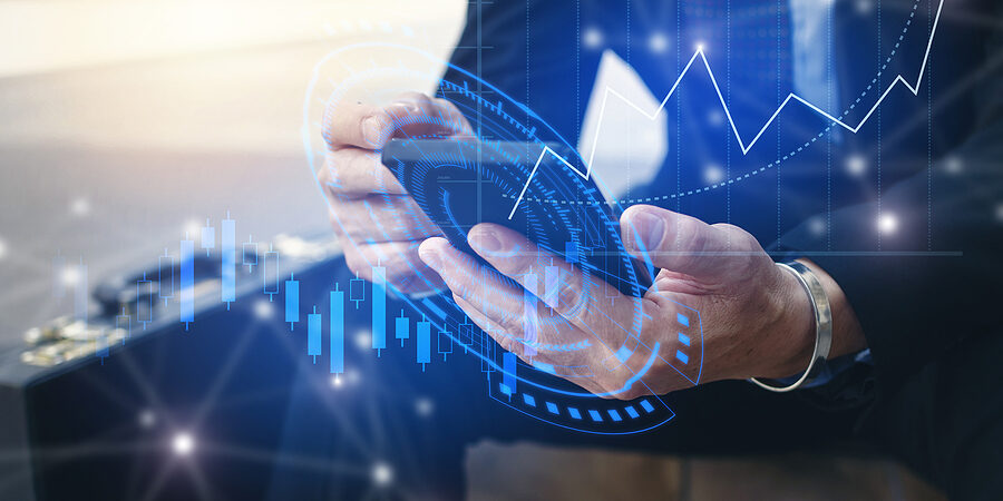 young investor or business man using mobile phone with graphic global network connection and graph chart of stock market investment trading for Forex trading, investment and digital technology concept