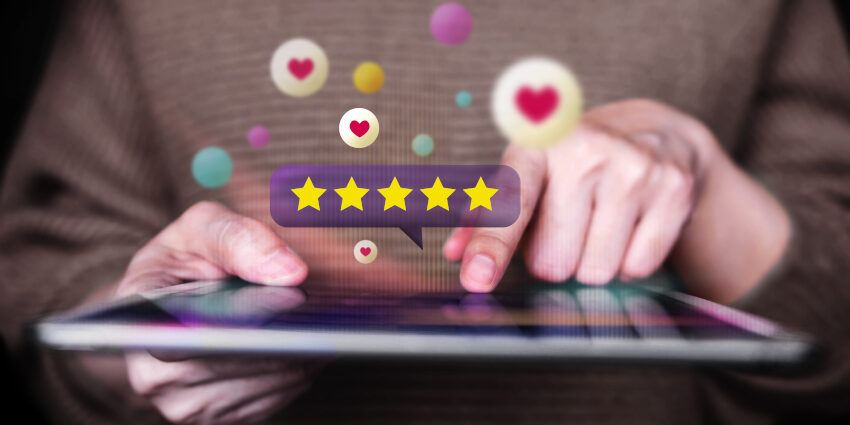 Customer Experiences Concept. Closeup of Woman Using Digital Tablet to Giving Feedback via the Internet. Positive Review. Client Satisfaction Surveys. Front View