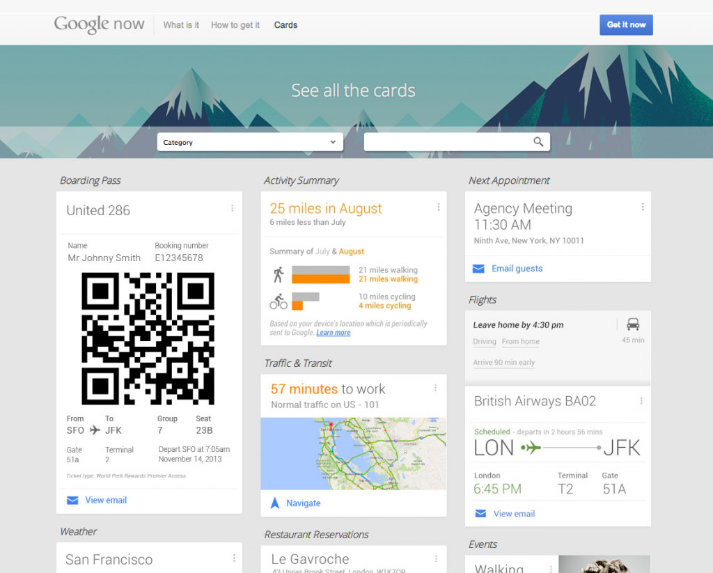 Example of the digital design trend of a card layout; screenshot from google now's main page