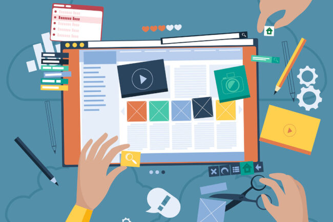 Cartoon drawing of 2 people's hands working on a website design mockup