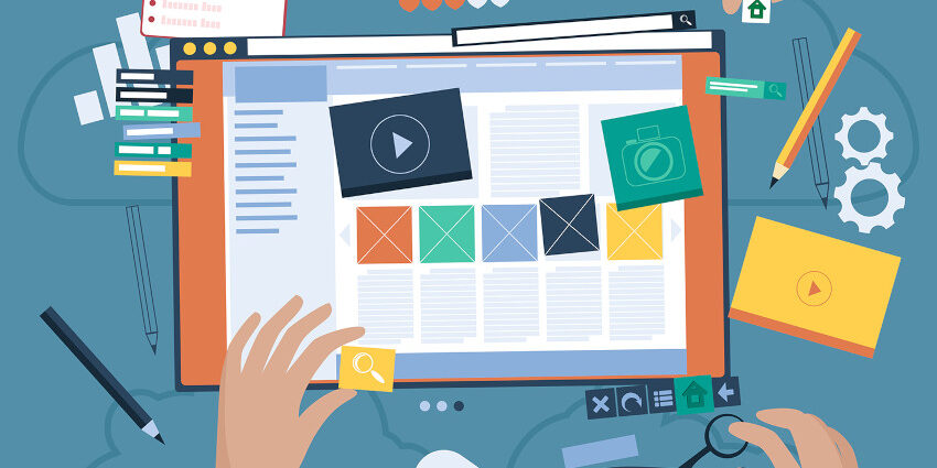 Cartoon drawing of 2 people's hands working on a website design mockup
