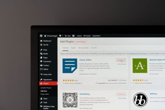 A computer screen shows the WordPress admin dashboard plugins section