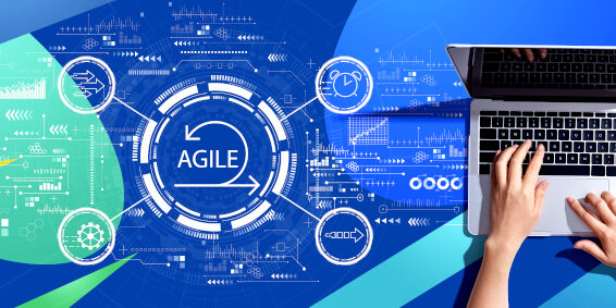 Agile brainstorming layout with a person typing on a laptop