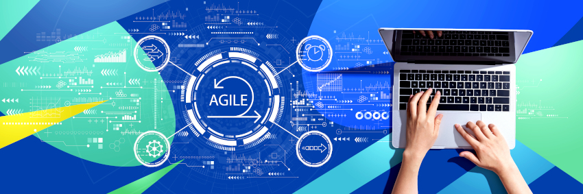 Agile brainstorming layout with a person typing on a laptop