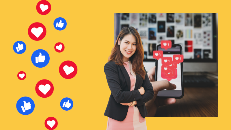 Like and heart icons overlay on yellow background with a cutout of a professionally-dressed woman over a background photo of someone liking things on a cell phone.
