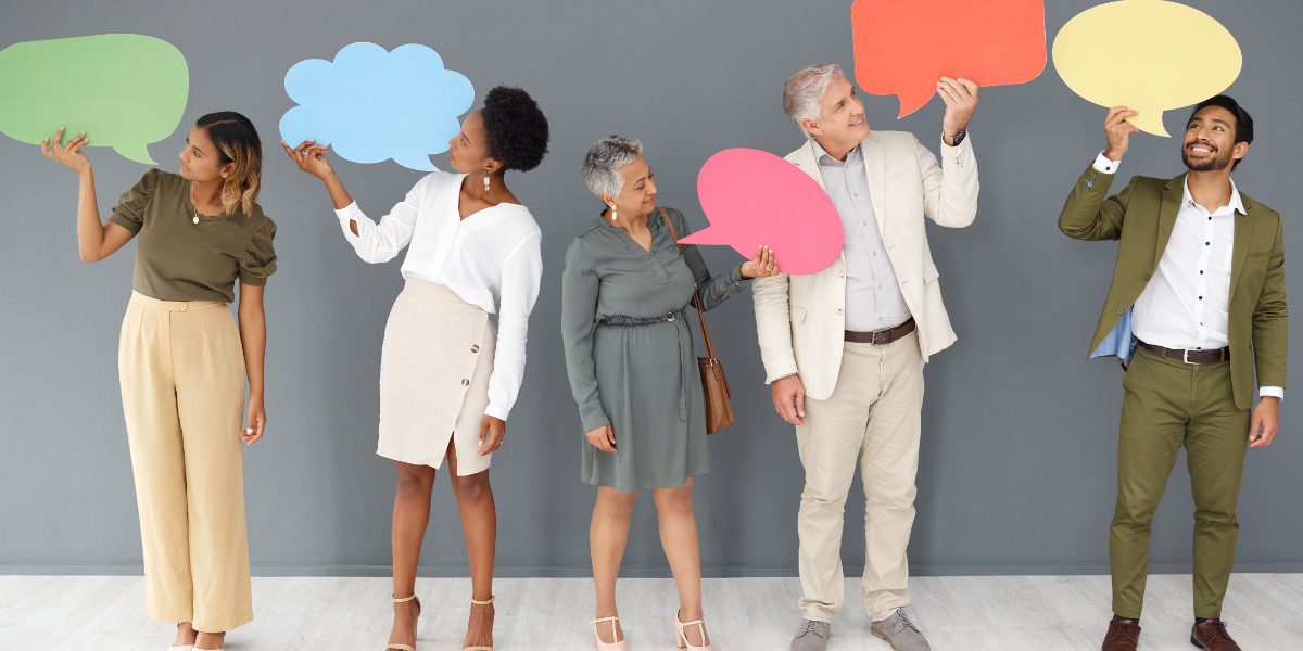 a diverse group of adults in business casual outfits, each one holding up a colorful speech bubble (each one has a different shape, size and color) to represent dei -diversity, equity, inclusion