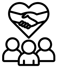 three people with heart above their heads. Inside the heart are 2 hands shaking